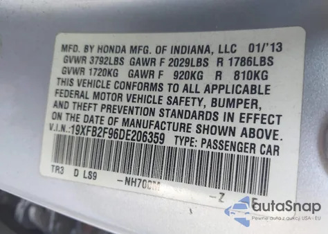 2013 Honda Civic Ex-L z USA, uszkodzony, nr VIN 19XFB2F96DE206359